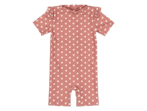 Mørk rosafarvet badedragt med korte ærmer og ben og med printede råhvide hjerter fra Petit Piao PP420 withered rose heart